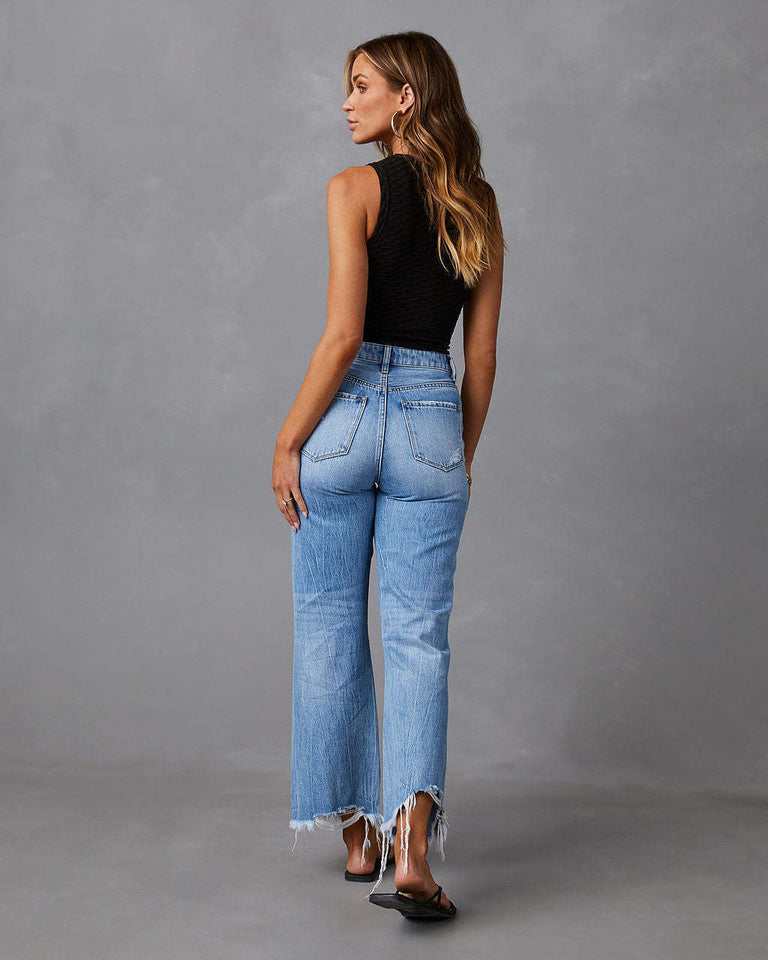 European And American Water Washed Hole High Waist Trousers Wide Leg Pants Jeans