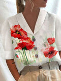 Women's Stand Collar Button Casual Half-sleeve Cotton And Linen Printed Short-sleeved Shirt