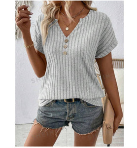 Casual Elegant Cashmere Sunken Stripe Short Sleeve T-shirt Blouse Top