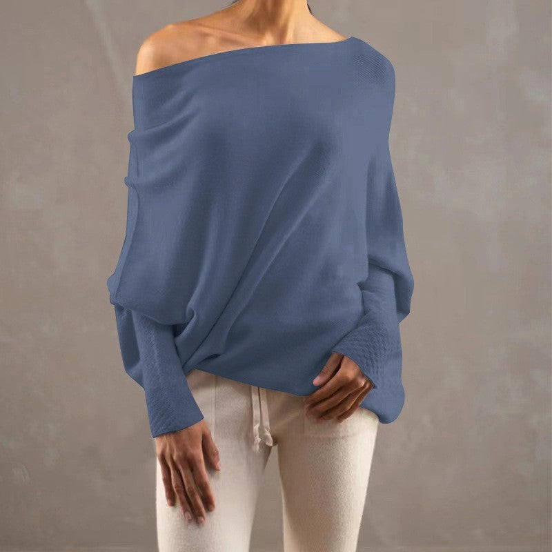 Solid Color Off-neck Pullover Knitted Loose Sweater