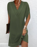 V-neck Pleated Batwing Sleeve Dress