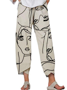 High Waist Gray Trousers Printed Stitching Loose Cropped Pants