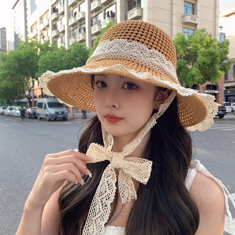 Lace String Color Woven Straw Hat Summer Versatile Outdoor Travel Beach Hat Cute Girl Ins Bucket Hat