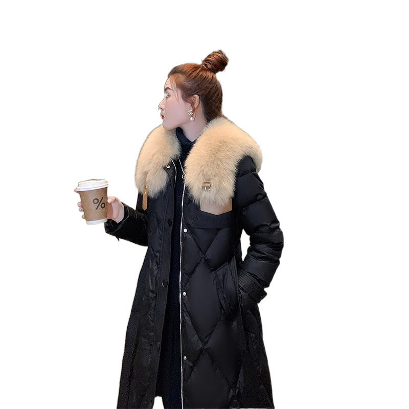 White Duck Slim Fit Down Jacket Women Overknee Mid-length Big Fur Collar Coat