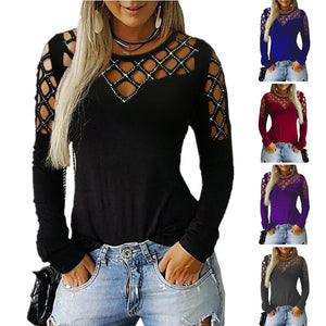 Hollow-out Rhinestone Long-sleeved T-shirt Top For Women