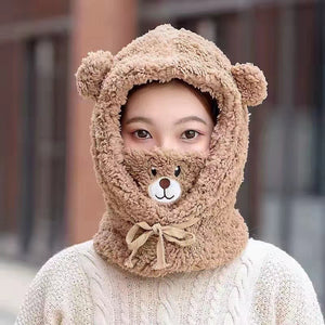 Cute Bear Plush Hat Winter Warm Thickened Scarf With Mask Anf Drawstring Design