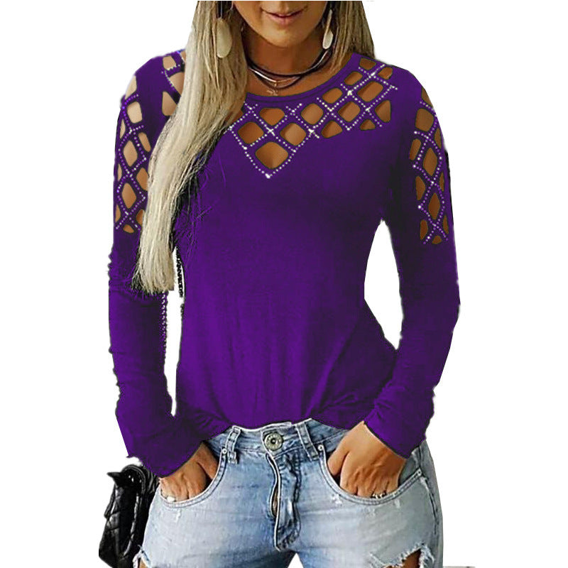 Hollow-out Rhinestone Long-sleeved T-shirt Top For Women