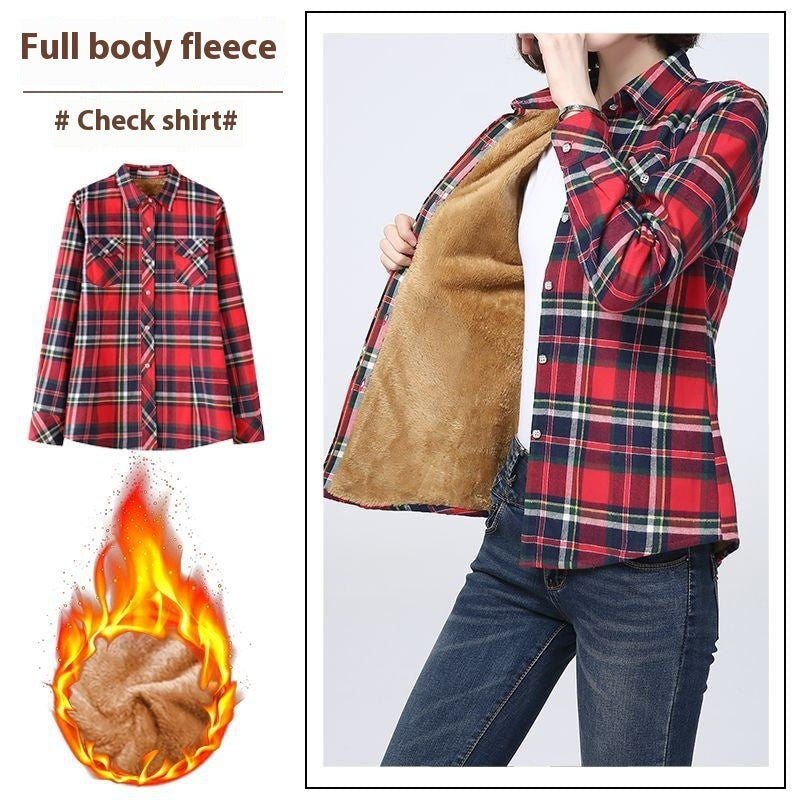 Middle-aged And Elderly Fleece-lined Thickened Cold Protection Plaid Long-sleeved Shirt