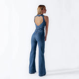 Summer Slim Heart-shape Backless Denim Jumpsuit Women Halter Neck Zip Up High Waist Panst Retro Style Clothing