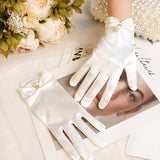 French Hepburn Style Short Pearl Satin Bridal Gloves