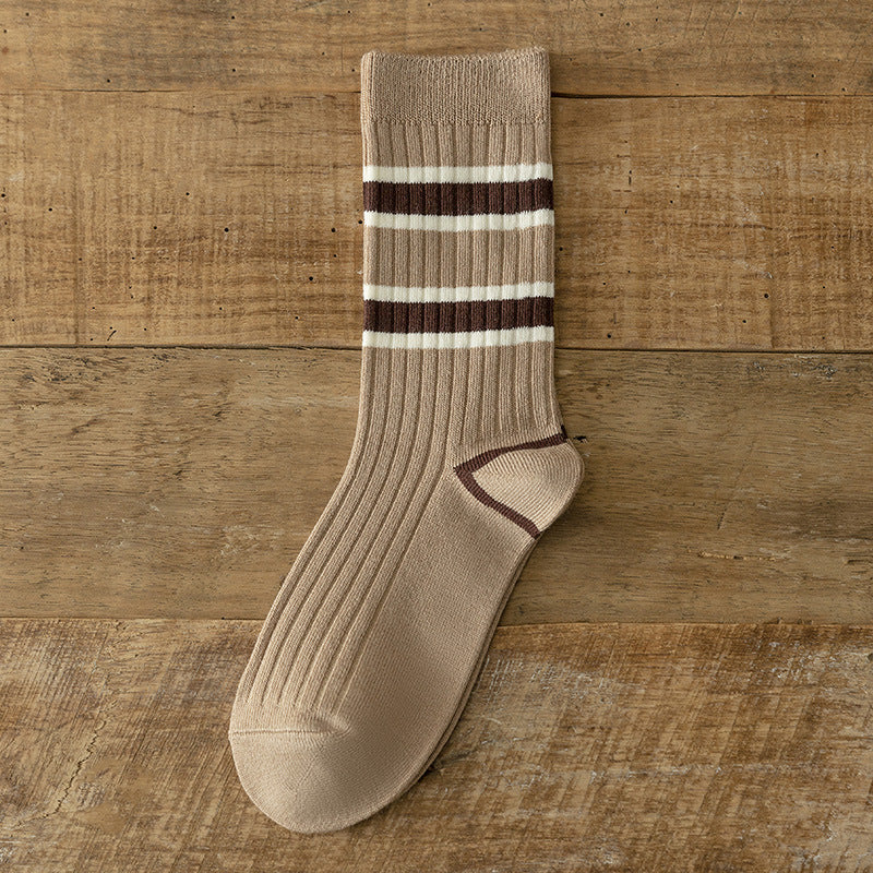 Women's Fashion Simple Coffee Color With Stripes All-matching Embroidered Cotton Socks