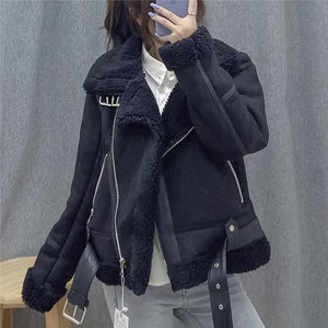 Autumn And Winter New European And American Style Suede Surface Fur Integrated Lamb Fur Warm Coat Motorcycle Clothing Women