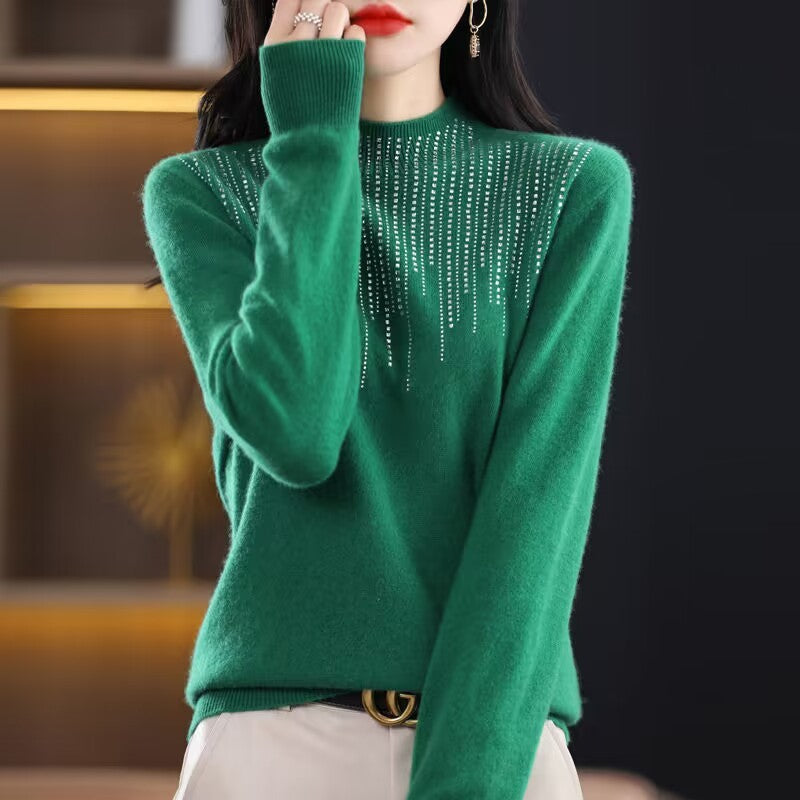 Women's Diamond-embedded Half-turtleneck Wool Sweater Bottoming Shirt