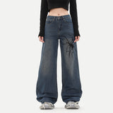 Retro High Street Niche Design Spider Printed Fashion Brand Washed Wide Leg Jeans