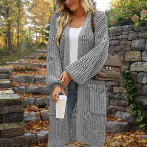 European And American Loose Lantern Sleeve Sweater Women's Cardigan Mid-length Autumn And Winter Pocket Coat