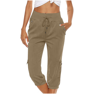 Women's Cropped Pants Cotton Linen Cargo Pocket Casual Pants