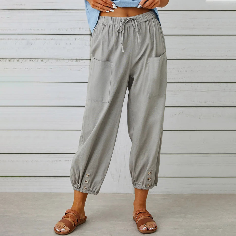 Women Drawstring Tie Pants Spring Summer Cotton And Linen Trousers With Pockets Button