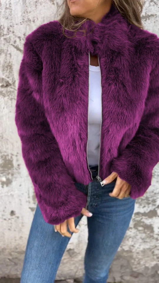 Fashion Stand Collar Plush Jacket Winter Casual Turtleneck Zipper Coat Fleece Tops Women's Clothing