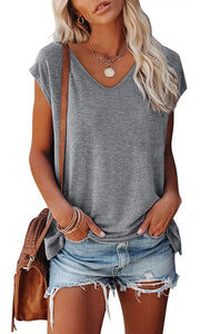 Women's Cap Sleeve V-neck Solid Color Casual Loose-fitting T-shirt