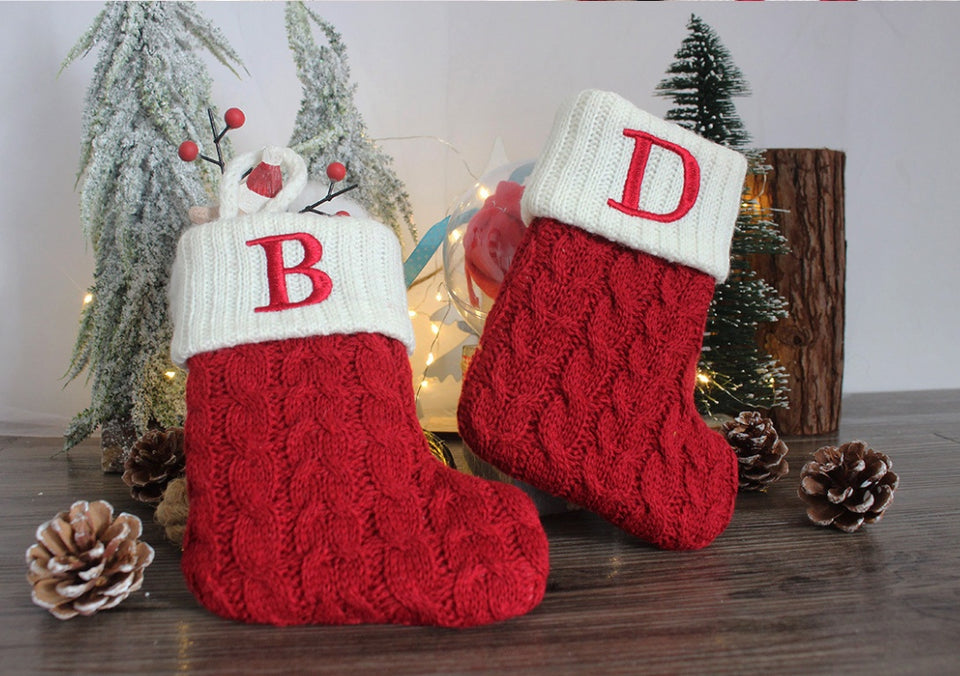 Woolen Knitted Christmas Letter Socks Decoration Pendant Gift Bag