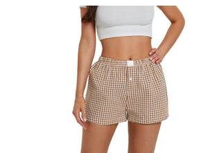 Women's Casual Plaid Cotton Arrow Pants Loose Four-corner Button Shorts