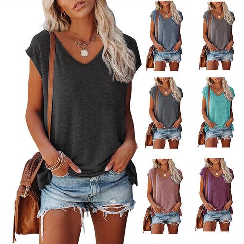 Women's Cap Sleeve V-neck Solid Color Casual Loose-fitting T-shirt