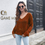 Women's Hollow-out Leaf V-neck Long-sleeved Knitted Sweater