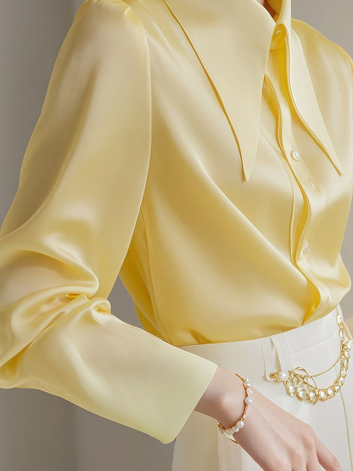 French Light Ripe Yellow Big Pointed Collar Long Sleeve Shirt