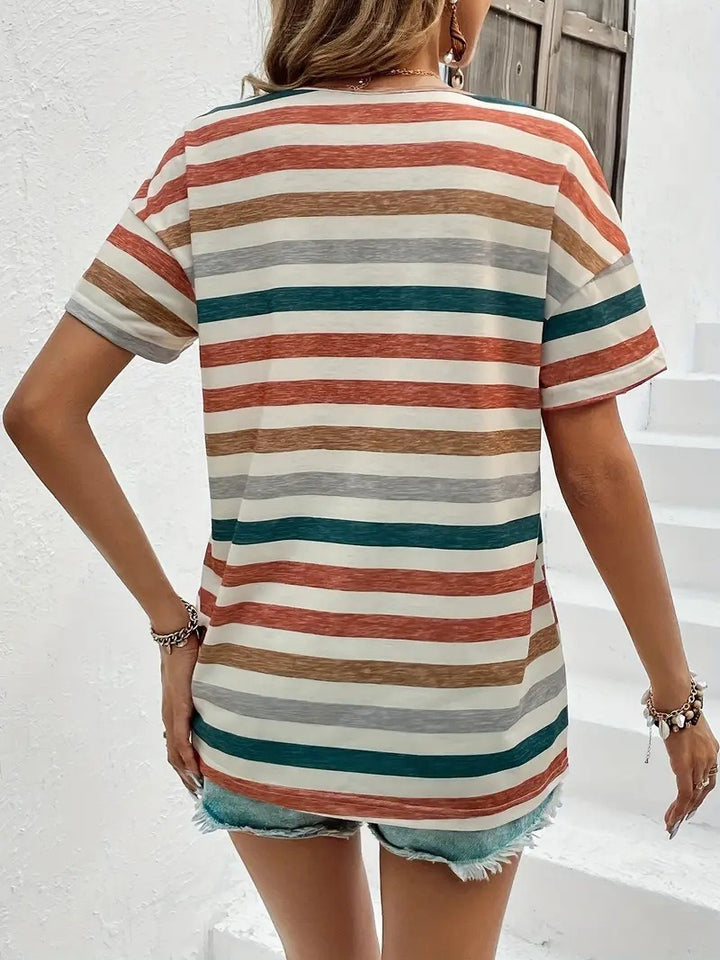 Women's Striped Fashionable Round Neck Short Sleeved T-shirt