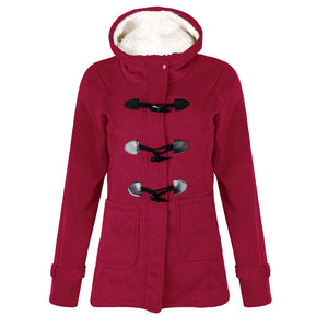 Women Warm Hooded Wool Double Button Coat