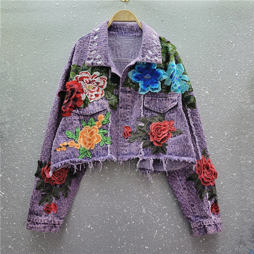 Design Sense Heavy Industry Three-dimensional Flower Short Frayed Hem Casual Denim Coat