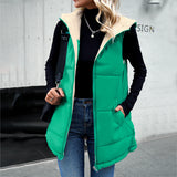 Winter Vest Women Loose Commuting Mid-length Hooded Cotton Jacket With Pockets Fashion Warm Zipper Fluffy Coat Outdoor Clothing