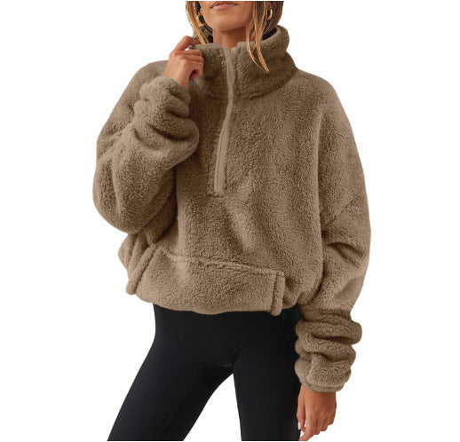 European And American Velvet Fleece-lined Women's Half Zipped Stand Collar Sweater