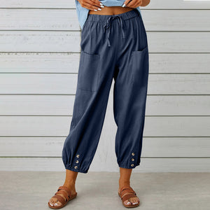 Women Drawstring Tie Pants Spring Summer Cotton And Linen Trousers With Pockets Button