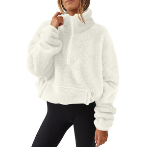 European And American Velvet Fleece-lined Women's Half Zipped Stand Collar Sweater