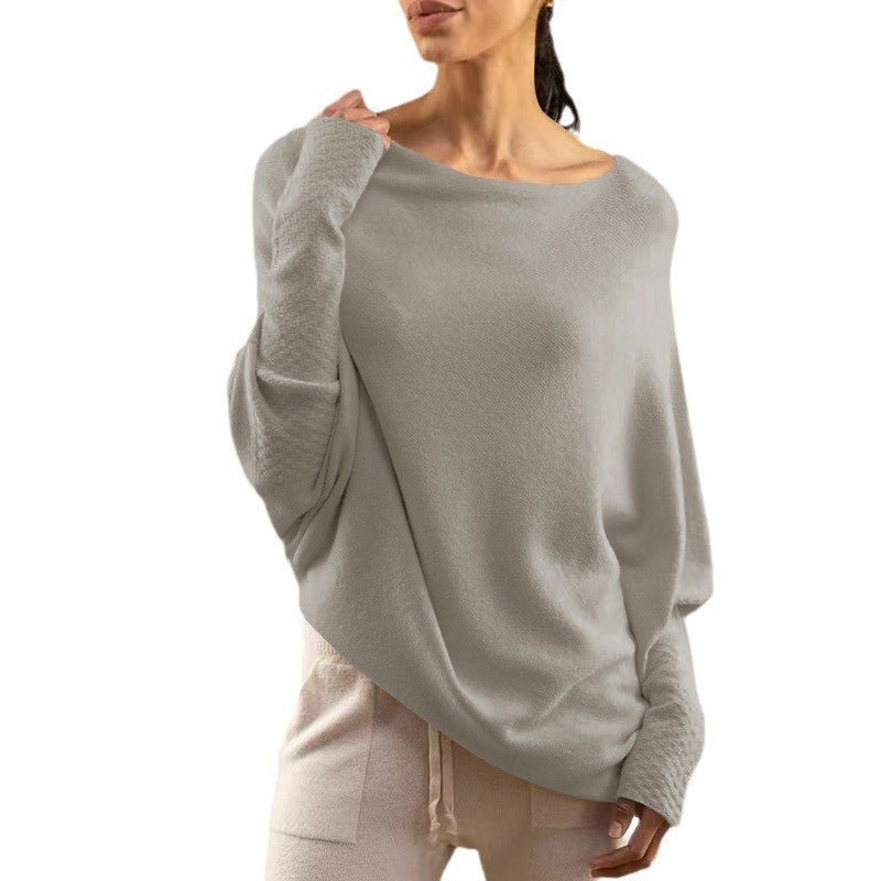 Solid Color Off-neck Pullover Knitted Loose Sweater