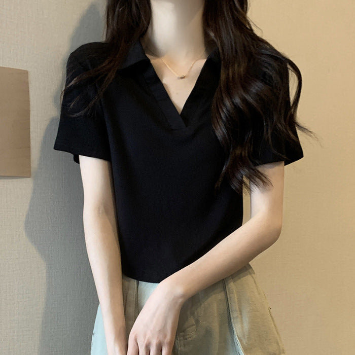 Slim-fit Solid Color Base Curved Hem Collar Simple Top