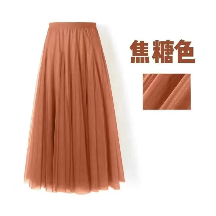 Pleated Mesh Skirt Women's Mid-length Large Swing Dress