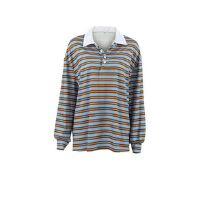 V-collar Contrast Color Striped Long Sleeve T-shirt Fashion