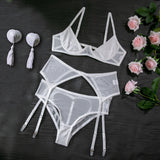 Pink Breast-exposed Hip Sexy Lingerie Three-piece Set New Hollow-out Beautiful Style Hip-exposed Hot