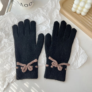 Autumn And Winter New Bow Pure Color Warm Keeping Finger Gloves