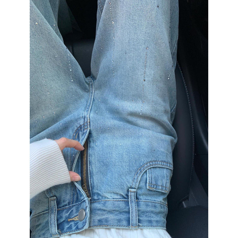 Women's Rhinestone High Waist Straight Jeans