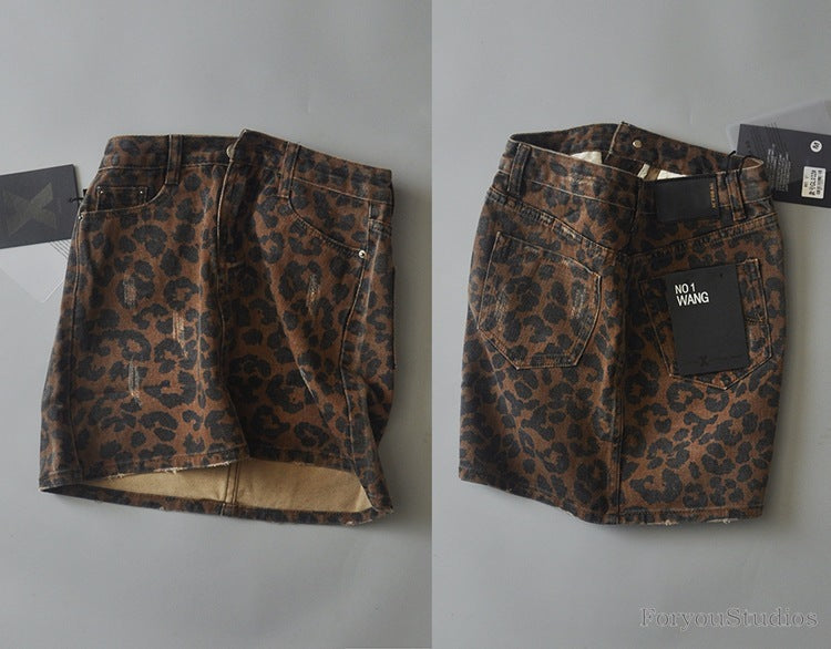 Leopard Print Denim Skirt Women's High Waist