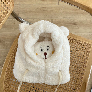 Cute Bear Plush Hat Winter Warm Thickened Scarf With Mask Anf Drawstring Design