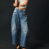 High Stretch Mid-Rise Barrel Jeans Fashion Wide Leg Shape Women Casual Baggy Mid Waist Denim Jeans