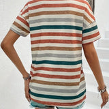 Women's Striped Fashionable Round Neck Short Sleeved T-shirt