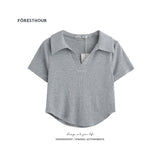 Slim-fit Solid Color Base Curved Hem Collar Simple Top