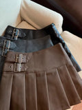 Women's American-style Vintage Brown PU Leather Pleated Skirt