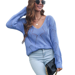 Women's Hollow-out Leaf V-neck Long-sleeved Knitted Sweater