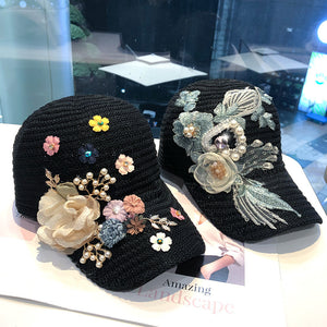 Knitted Flower Rhinestone Baseball Cap Women's Handmade Applique Sunshade